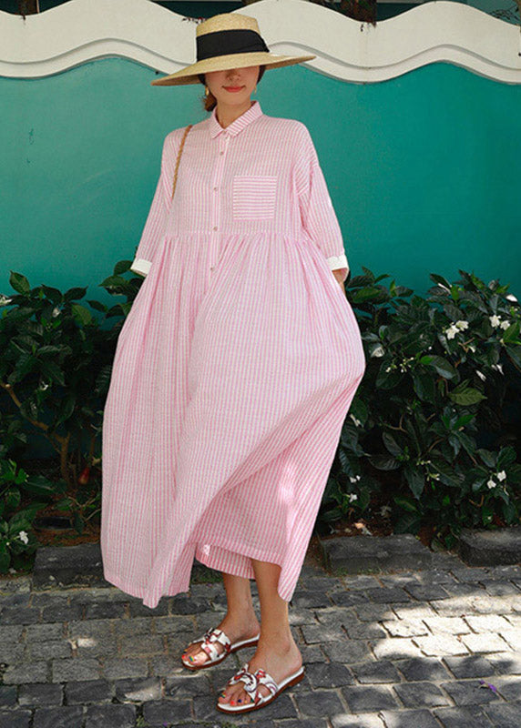 Pink Peter Pan Collar Striped Button Pockets Wrinkled Long Dresses Half Sleeve