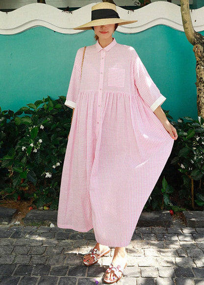 Pink Peter Pan Collar Striped Button Pockets Wrinkled Long Dresses Half Sleeve