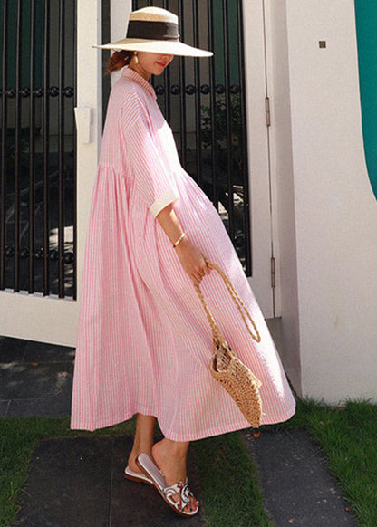 Pink Peter Pan Collar Striped Button Pockets Wrinkled Long Dresses Half Sleeve