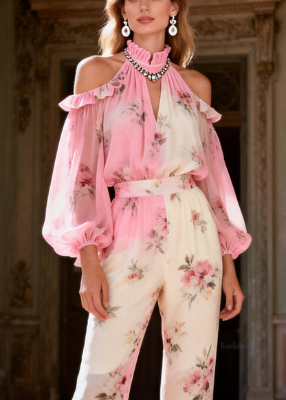 Pink Print Cold Shoulder Chiffon Shirts and Flared Trousers Two-piece Set Spring