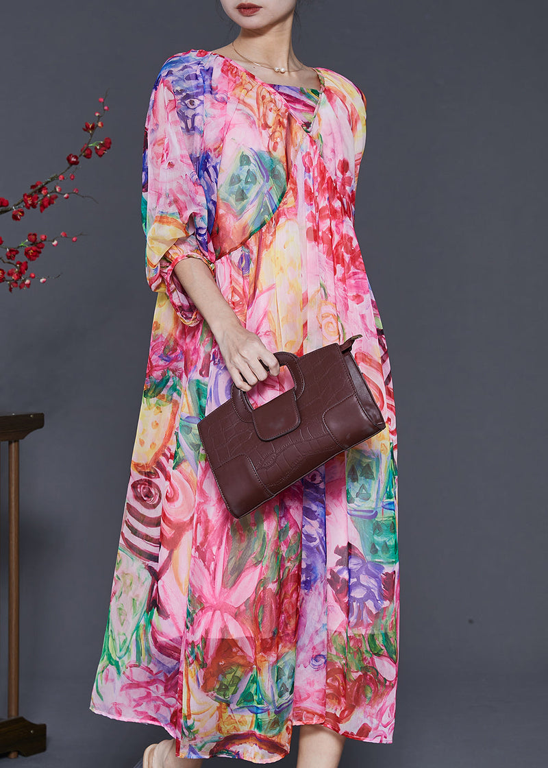 Pink Print Exra Large Hem Chiffon Dresses Lantern Sleeve