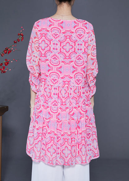 Pink Print Patchwork Wrinkled Silk a Line Dress Lantern Sleeve
