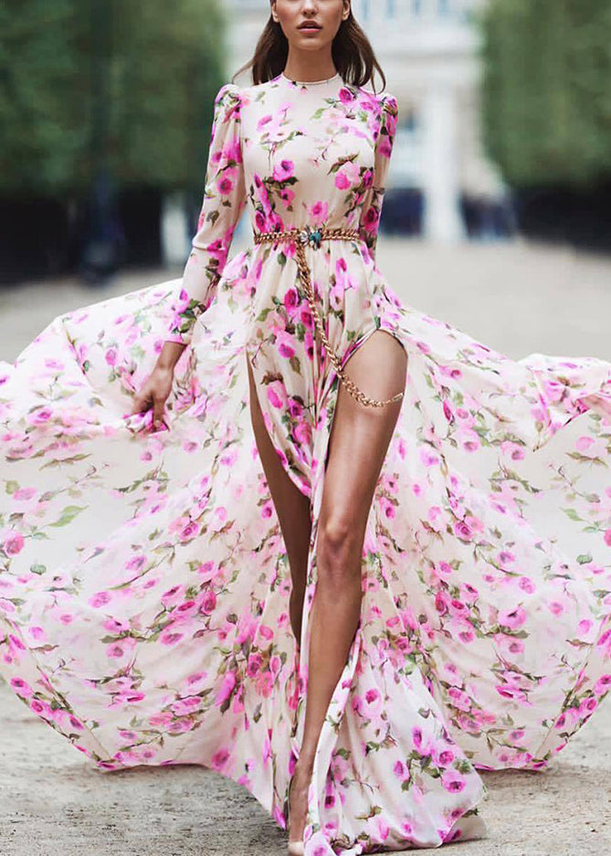 Pink Print Side Open Exra Large Hem Maxi Dress Long Sleeve