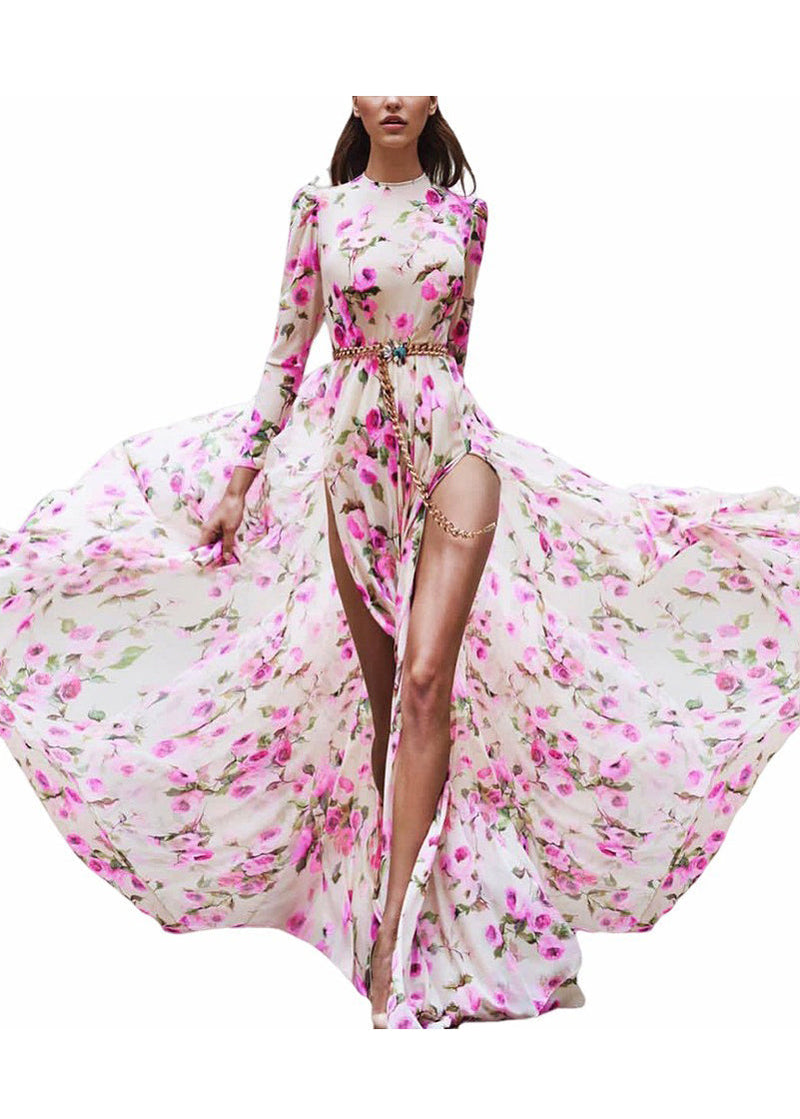 Pink Print Side Open Exra Large Hem Maxi Dress Long Sleeve