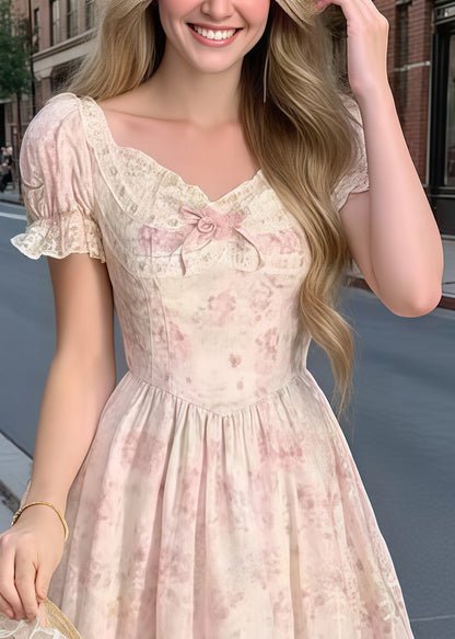 Pink Puff Sleeve Patchwork Bow Party Dress Summer