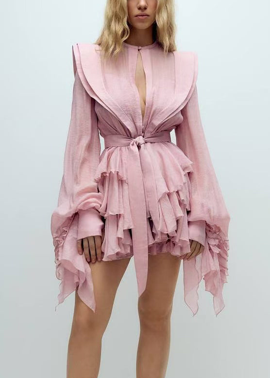 Pink Ruffled Cotton Mini Dress Lantern Sleeve