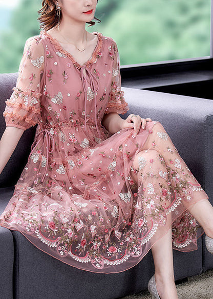 Pink Ruffled Embroideried Exra Large Hem Tulle Cinched Dress Summer