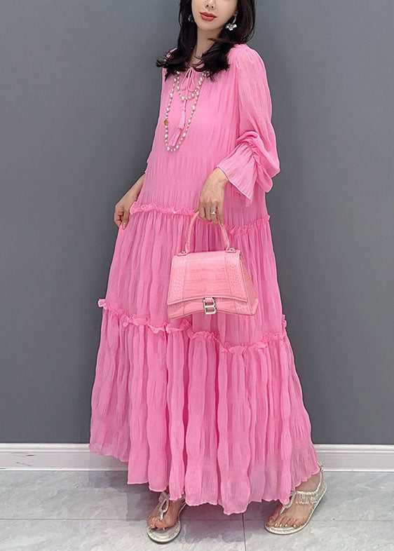 Pink Ruffled Lace Up Patchwork Chiffon Long Dress Summer