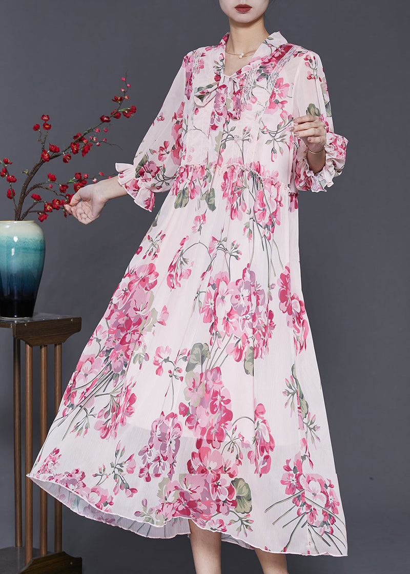 Pink Ruffled Print Chiffon Dress Spring