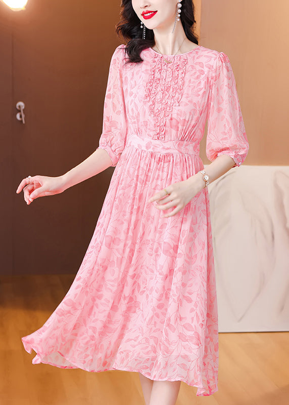 Pink Ruffled Print Silk Dresses Half Sleeve