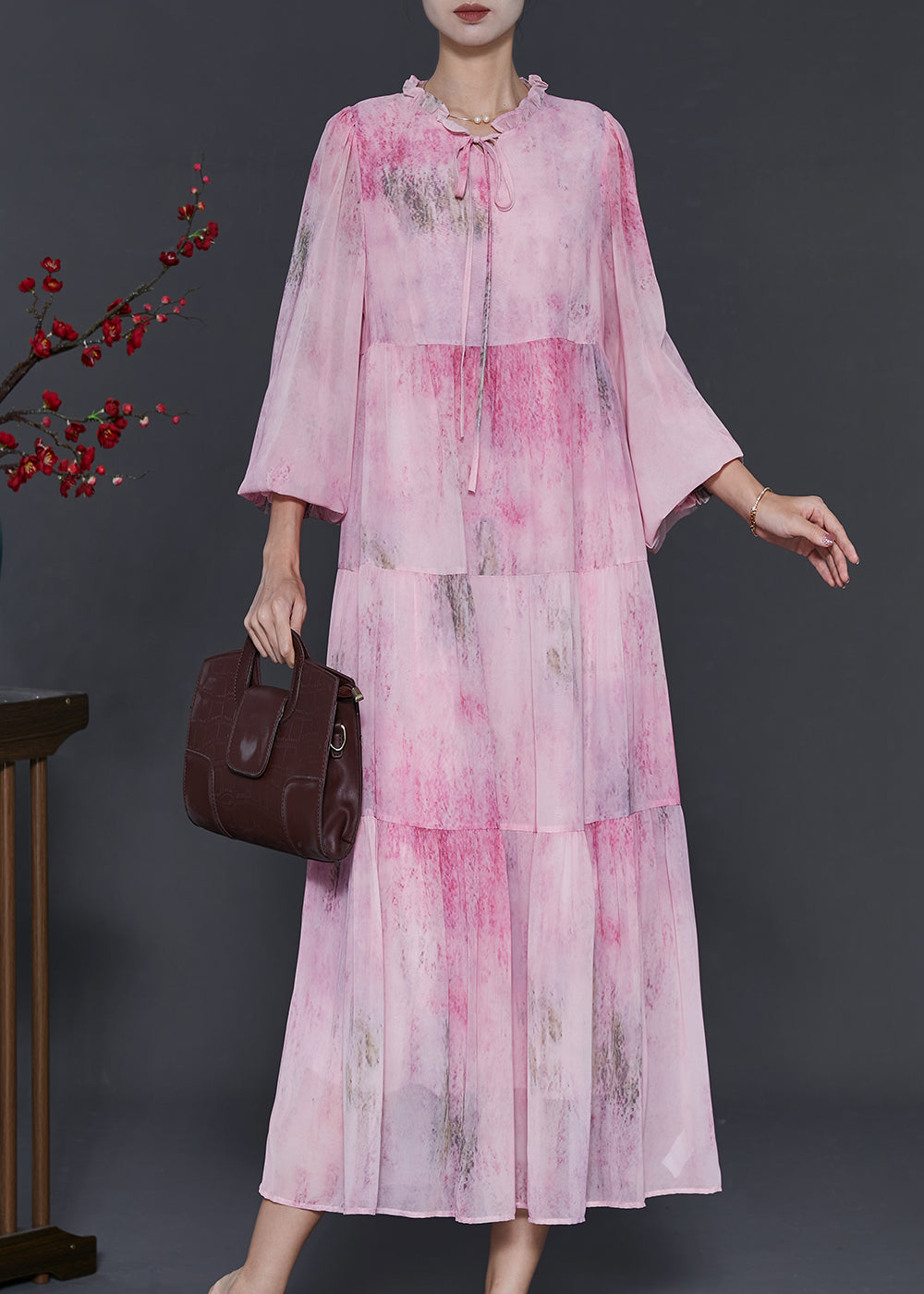 Pink Ruffled Tie Dye Chiffon Maxi Dress Spring