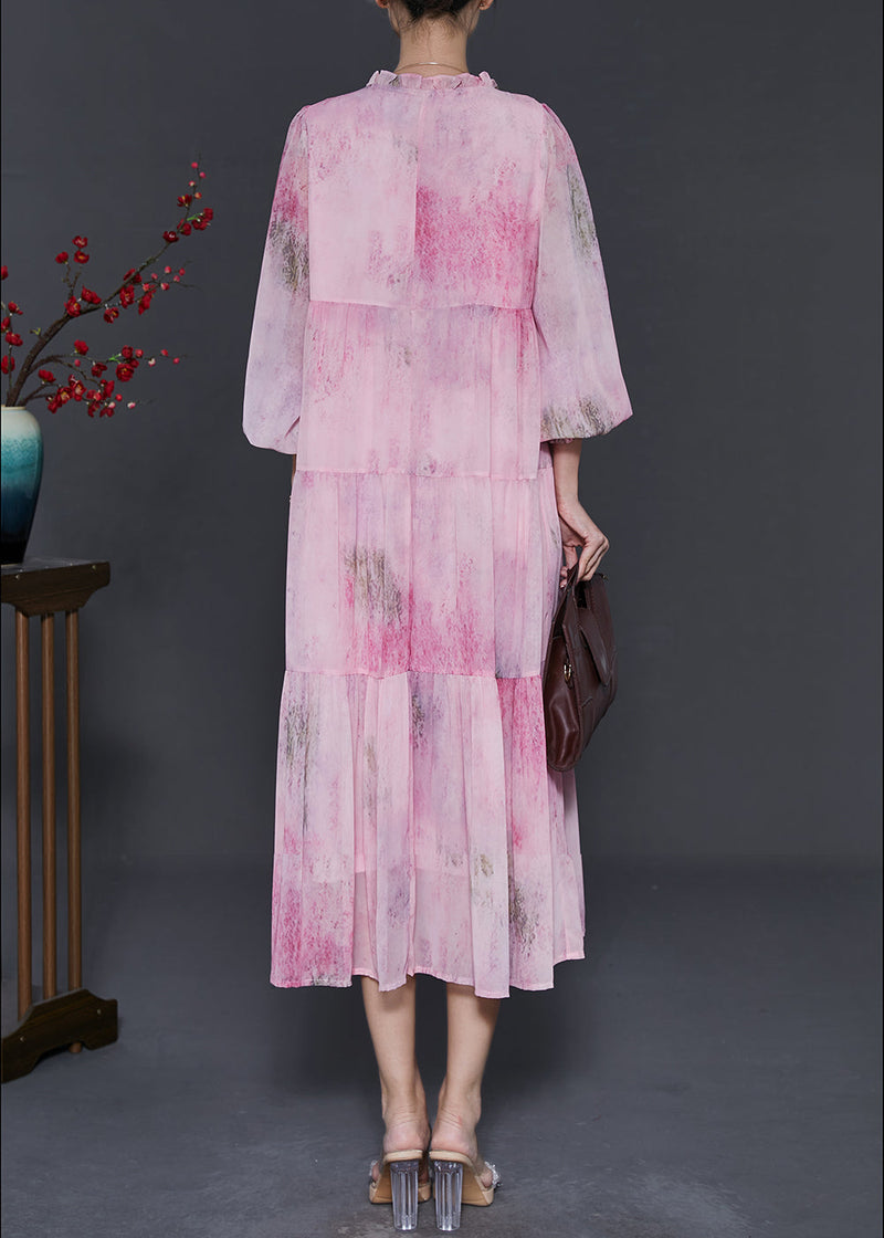 Pink Ruffled Tie Dye Chiffon Maxi Dress Spring