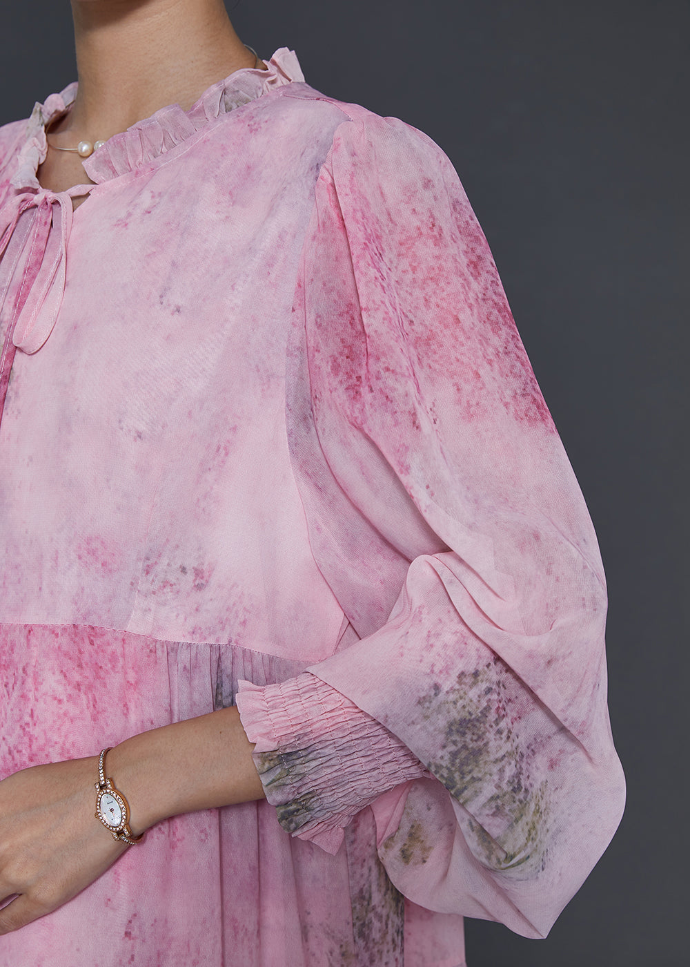 Pink Ruffled Tie Dye Chiffon Maxi Dress Spring