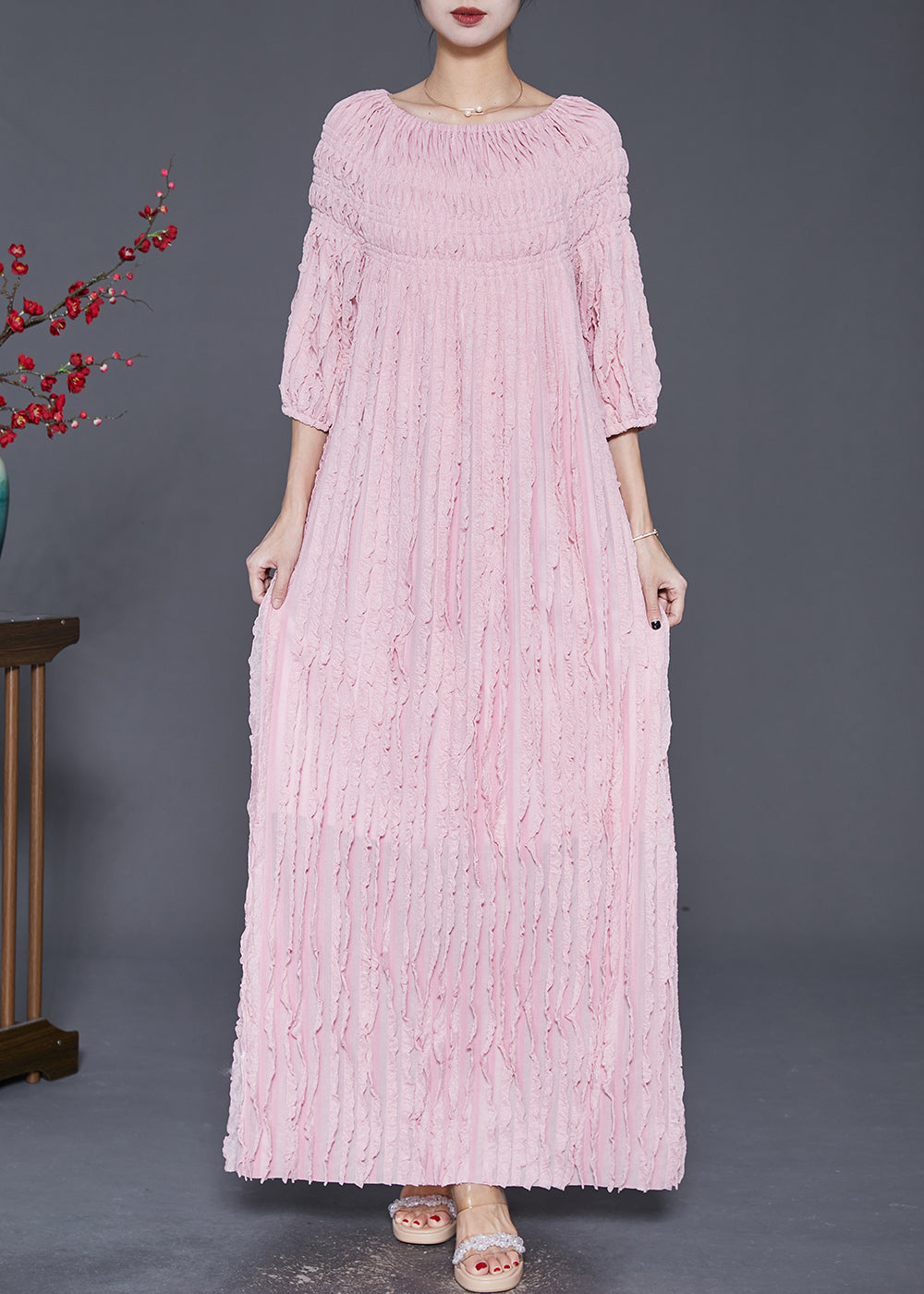 Pink Slash Neck Wrinkled Robe Dresses Fall