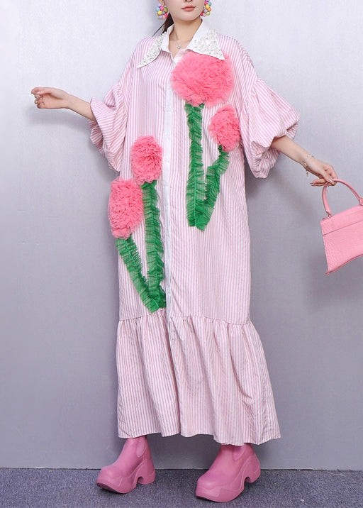 Pink Striped Flower Decorated Cotton Dresses Puff Sleeve