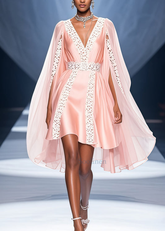 Pink V Neck Lace Patchwork Cloak Silk Party Dress Summer