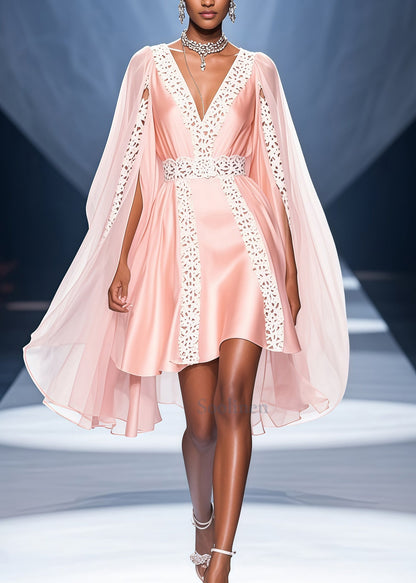 Pink V Neck Lace Patchwork Cloak Silk Party Dress Summer