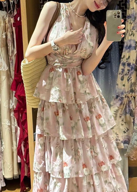 Pink V Neck Print Chiffon Long Dresses Sleeveless