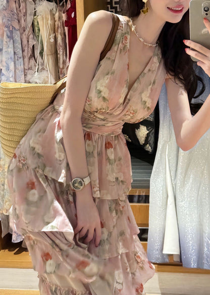 Pink V Neck Print Chiffon Long Dresses Sleeveless