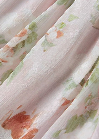 Pink V Neck Print Chiffon Long Dresses Sleeveless