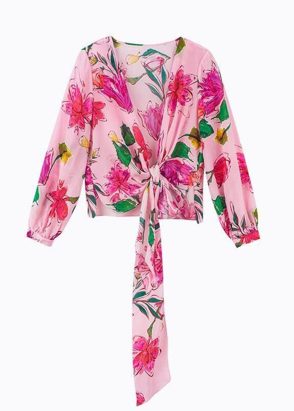 Pink V Neck Print Lace Up Patchwork Chiffon Tops Spring