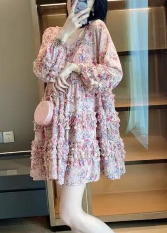 Pink V Neck Print Patchwork Ruffled Mid Dress Long Sleeve