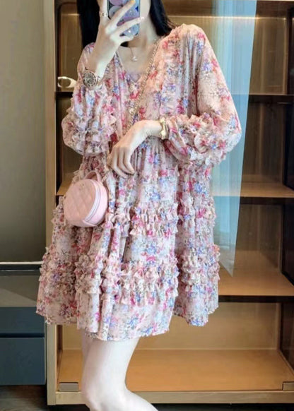 Pink V Neck Print Patchwork Ruffled Mid Dress Long Sleeve