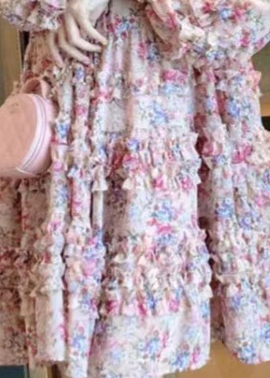Pink V Neck Print Patchwork Ruffled Mid Dress Long Sleeve
