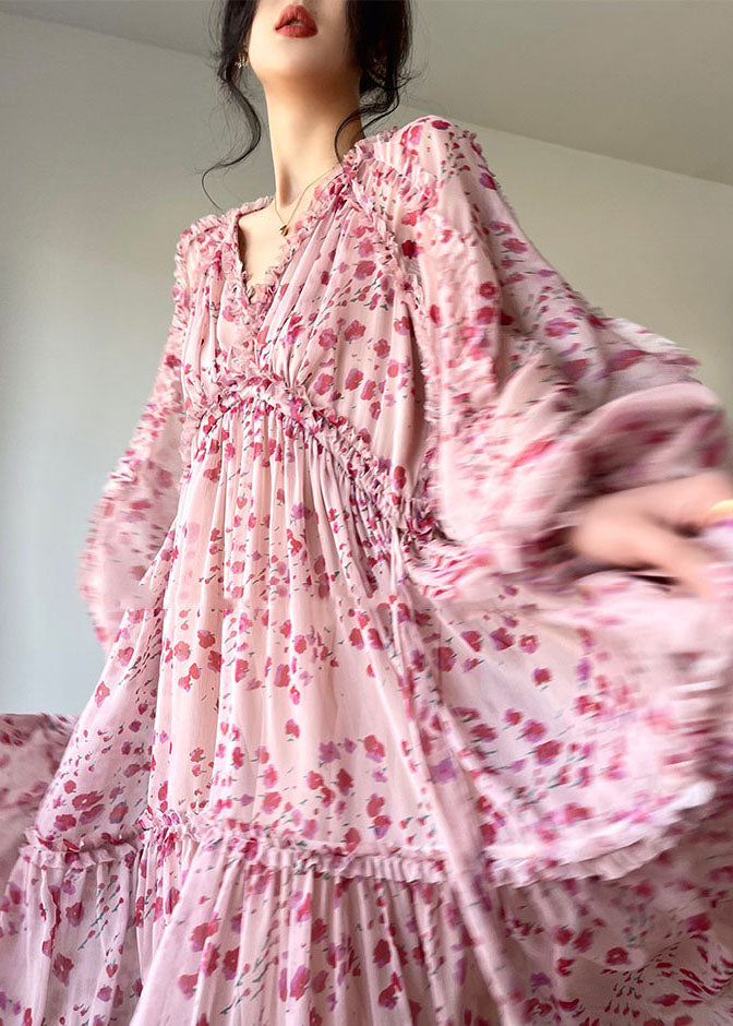 Pink V Neck Print Patchwork Ruffles Silk Dresses Spring