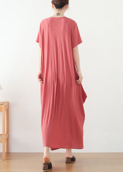Pink Wrinkled V Neck Cotton Party Dress Short Sleeve