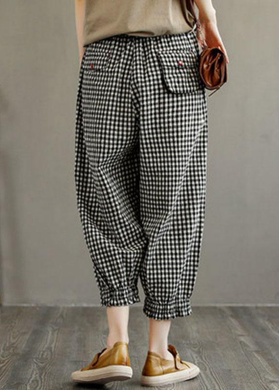 Plaid Elastic Waist Pockets Harem Pants Linen