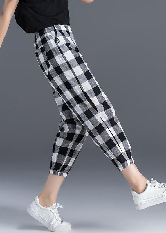 Plaid Pockets Elastic Waist Ice Silk Crop Pants Summer