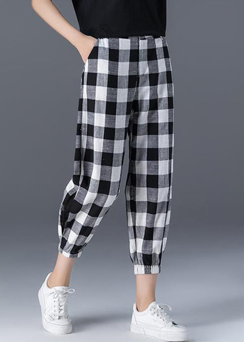 Plaid Pockets Elastic Waist Ice Silk Crop Pants Summer