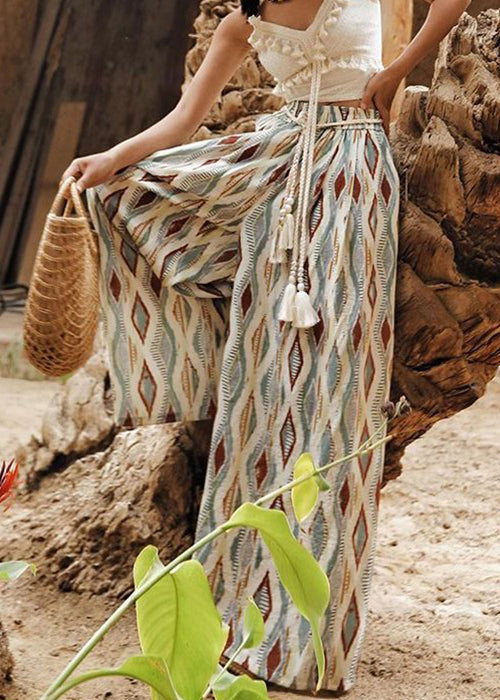 Plaid Print Elastic Waist Cotton Wide Leg Pants Summer