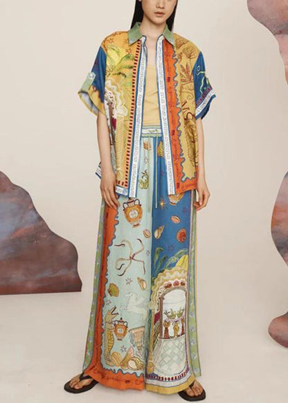 Print Elastic Waist Shirts and Wide Leg Pants Two Pieces Set Short Sleeve