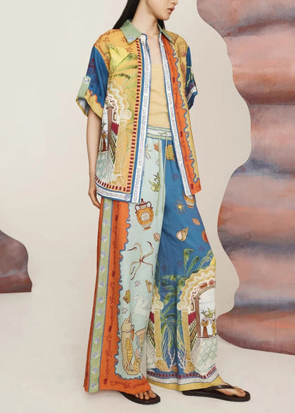 Print Elastic Waist Shirts and Wide Leg Pants Two Pieces Set Short Sleeve