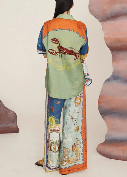 Print Elastic Waist Shirts and Wide Leg Pants Two Pieces Set Short Sleeve