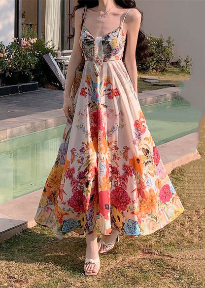 Print High Waist Cotton Spaghetti Strap Dress Sleeveless