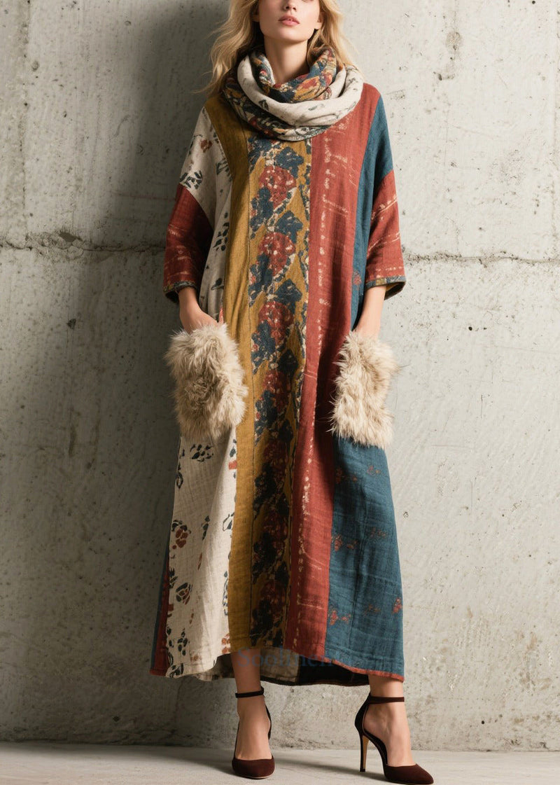 Print Patchwork Faux Fur Holiday Dress Bracelet Sleeve