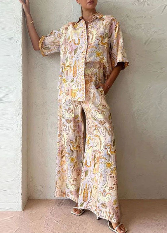 Print Shirts and Wide Leg Pants Two Pieces Set Summer