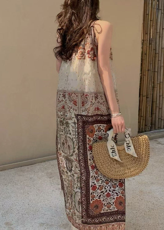 Print Tasseled Pockets Patchwork Cotton Spaghetti Strap Dress Sleeveless