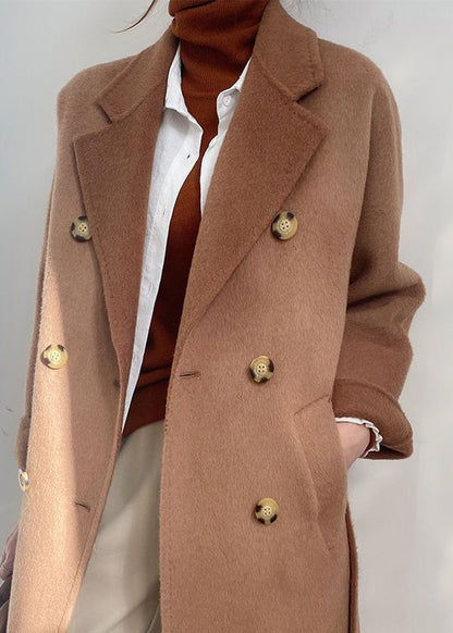 Purple Double Breast Tie Waist Woolen Coats Winter