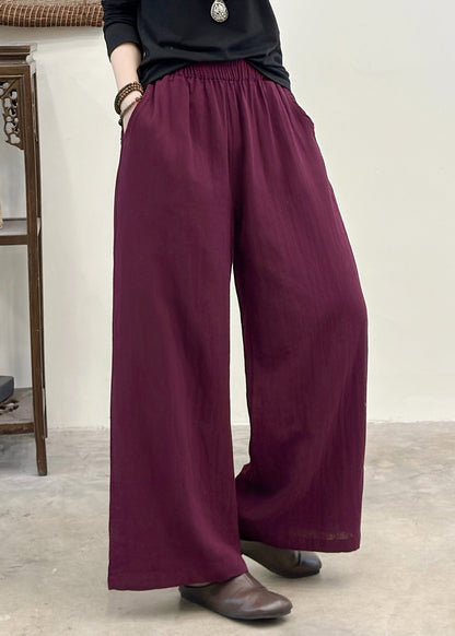 Purple Elastic Waist Pockets Linen Pants Summer