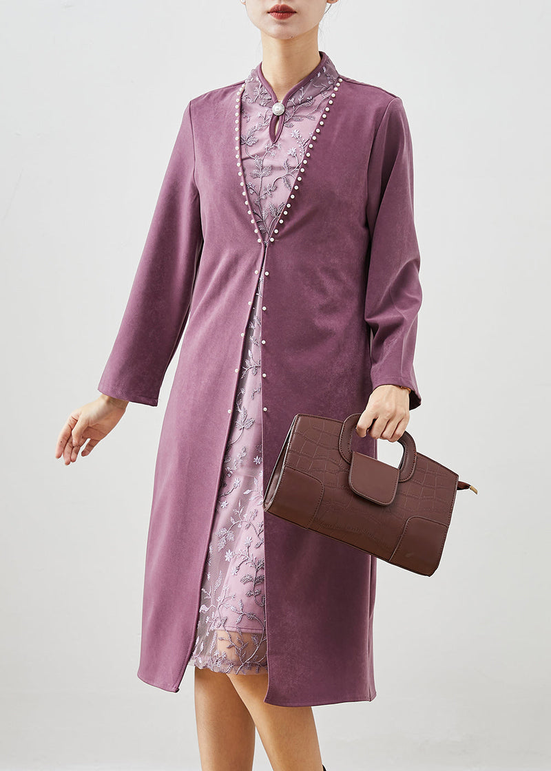 Purple Embroidered Patchwork Silk Fake Two Piece Dress Fall