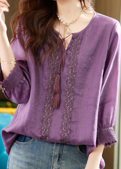 Purple Embroideried Zircon Patchwork Linen Tops Summer