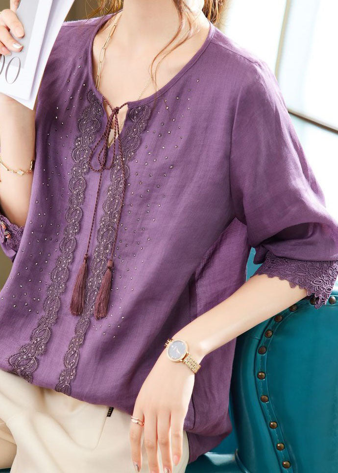 Purple Embroideried Zircon Patchwork Linen Tops Summer