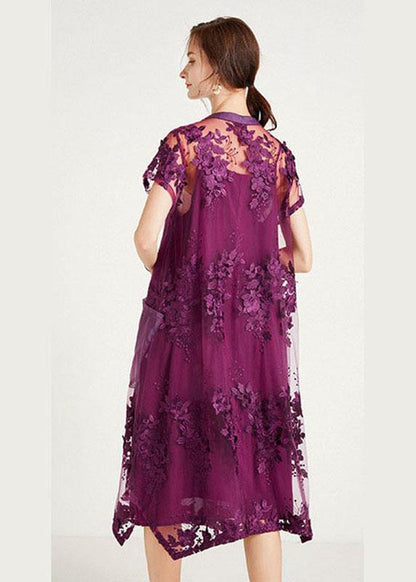 Purple O-neck a Line Summer Short Sleeve Two Pieces Set