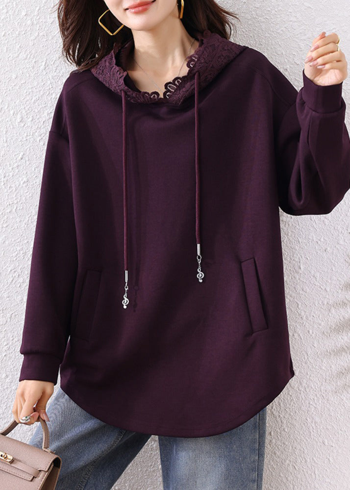 Purple Hooded Cotton Loose Sweatshirts Top Fall