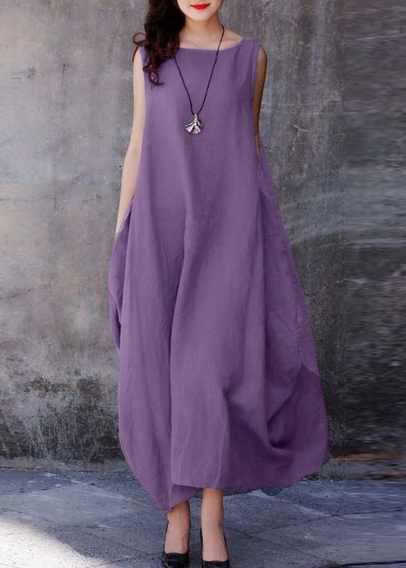 Grey Polka Dots O-neck Exra Large Hem Cotton Dresses Sleeveless