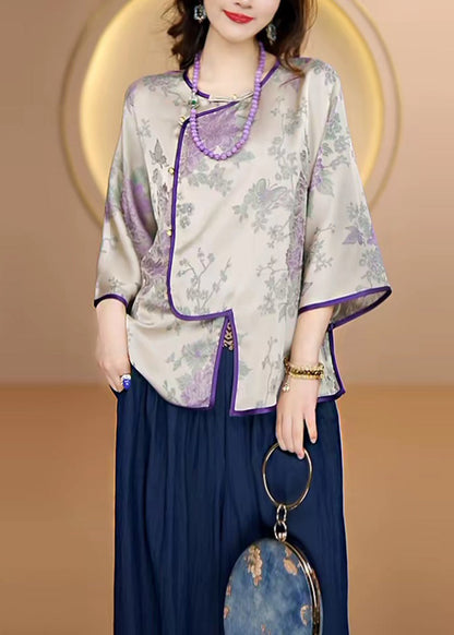 Purple O-neck Jacquard Button Silk Top Fall